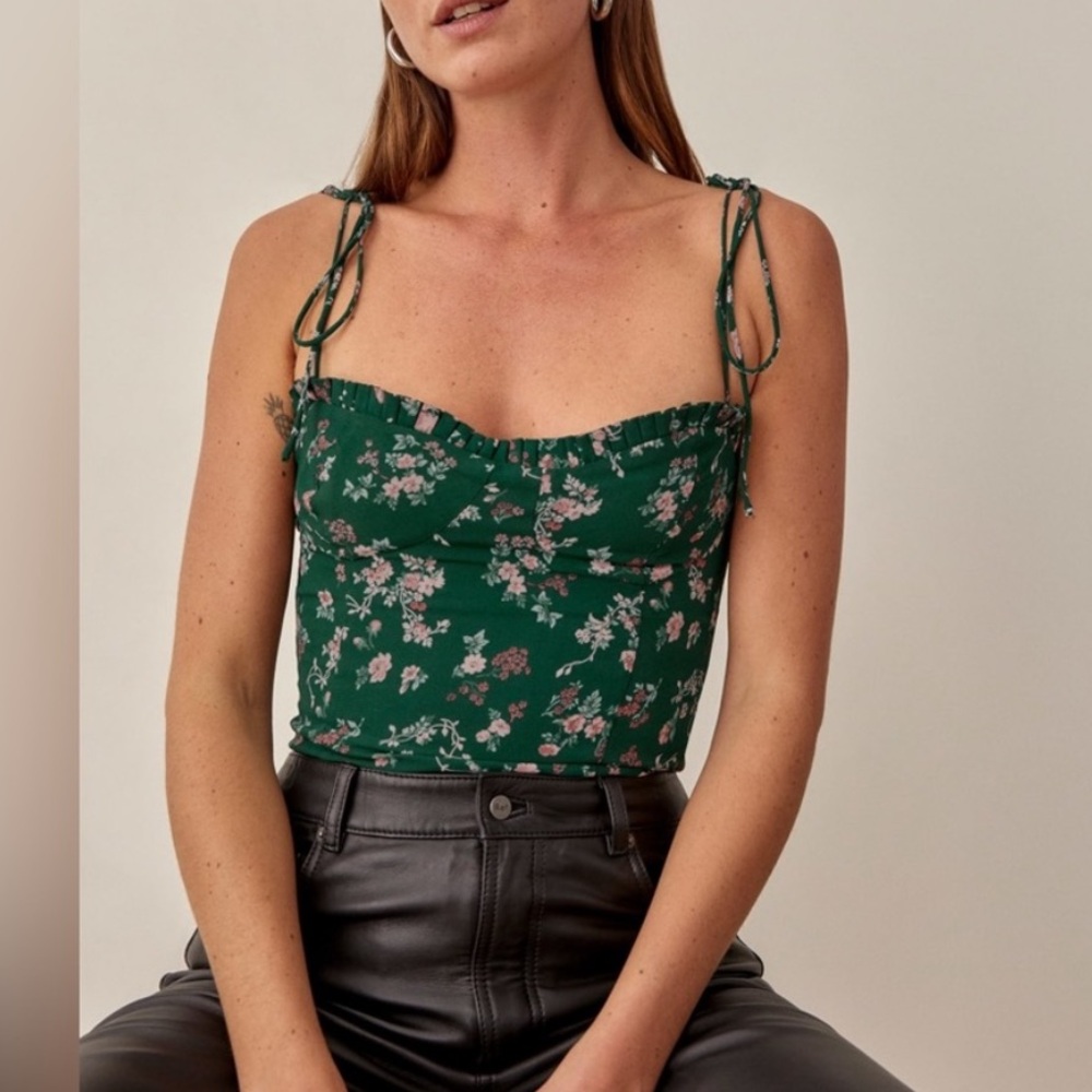 Reformation Novena Green Floral Tie Tank Top